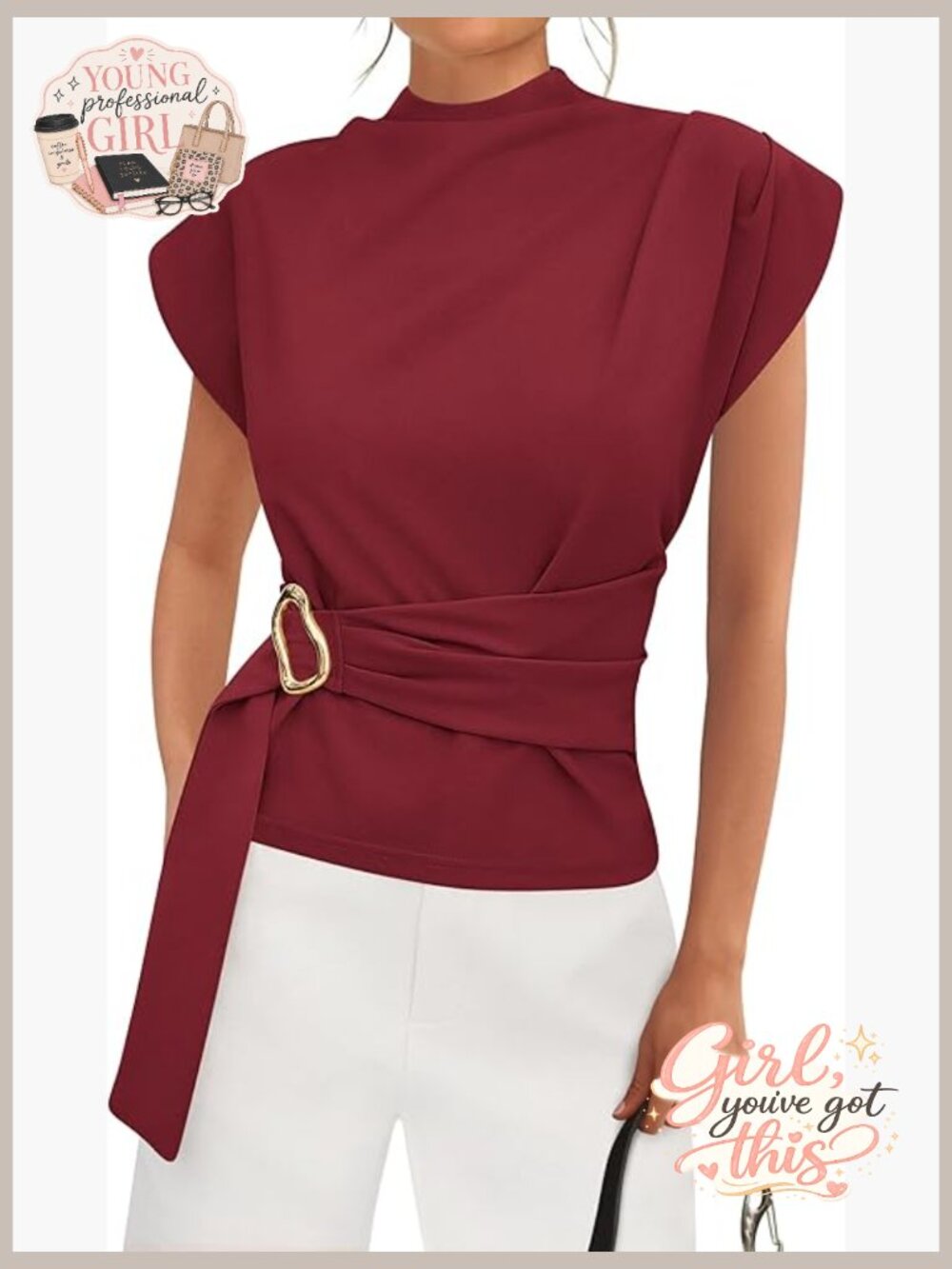 Women's Mock Neck Cap Sleeve Tunic Blouse with Gold Buckle Detail